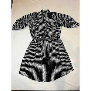 Striped Mini Dress J For Justify Zip Front Mock‎ Neck Puff Sleeve Black White